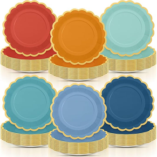 96 Pcs Blue and Orange Paper Plates 9 Inch Gradient Scalloped Paper Plates Disposable Dinner Dessert for Birthday Wedding Bridal Party Supplies, 6 Colors