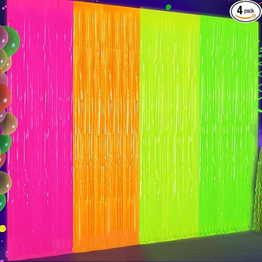 4 Pack Glow in The Dark Tinsel Curtains, Neon Party Decorations 3.3 x 6.6 Ft Blacklight Reactive Fluorescent Party Backdrop for Birthday， Wedding, Neon Party, Glow Party Decorations Supplies