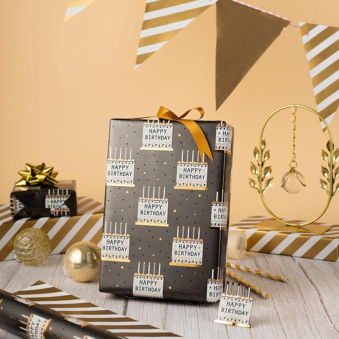 MAYPLUSS Birthday Cake Wrapping Paper Roll - 17 Inch X 33 Feet - Elegant Metallic Charcoal Grey Birthday Cake Pattern Reversible Boy Gift Wrap Paper for Men, Baby Shower, Father's Day, Party