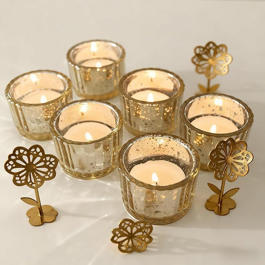 Round Clear Votive Candle Holders Set of 12, Purple Wedding Centerpiece Table Decorations, Mercury Glass Tealight Candle Holder for Bridal Shower, Baby Shower & Home Decor (Gold)