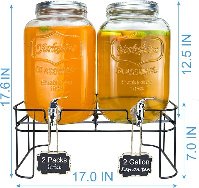 2 Gallon Larger Glass Drink Dispenser for Parties, 2 Packs Juice Lemonade Ice Tea Water Dispenser with Stand, HENABLE Beverage Dispensers with Spigot for BBQ, Picnic, Party