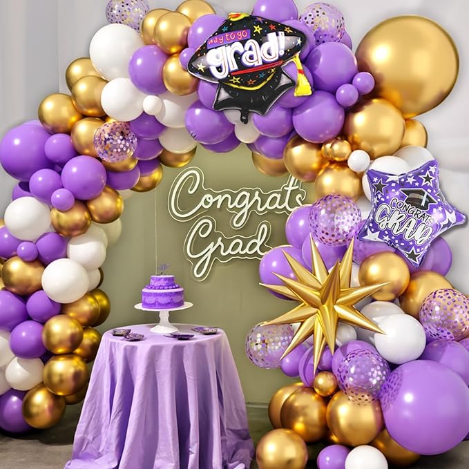 Graduation Balloon Arch Garland Kit, 2026 Graduation Party Decoration, Purple Gold Balloon with Congrats Grad Hat 2026 Number Balloons for College School Class of 2026 Congrats Party Supplies
