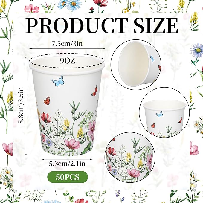 FYSUIMU 50Pcs Wildflower Paper Cup 9 Oz Disposable Coffee Cups Floral Party Cups for Spring Wedding Bridal Baby Shower Birthday Party Supplies