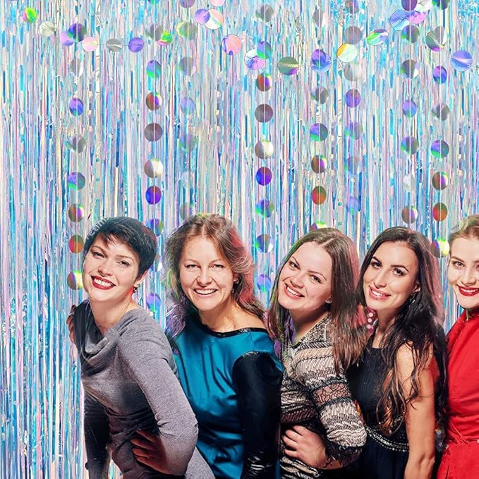 Cheerland Iridescent Tinsel Foil Fringe Backdrop Curtain Circle Garland Holographic Party Decorations Disco Birthday Wedding Graduation Christmas New Year Theme Party Streamer Decor