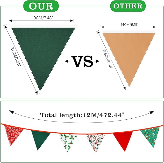G2PLUS Christmas Triangle Bunting Banner, 39Ft Cotton Pennant Banner, Red and Green Fabric Flags for Holiday, Home and Party Hanging Decorations