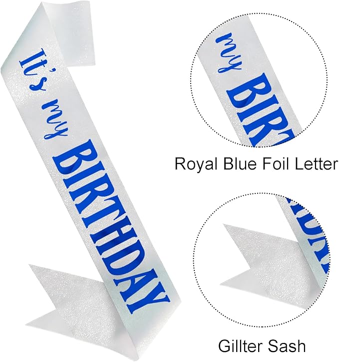 It's My Birthday Sash, Royal Blue Foil Letter Glitter White Birthday Sash for Women Men Girl Boy Kids Teenager Funny Bday Gifts Party Favors Photo Prop