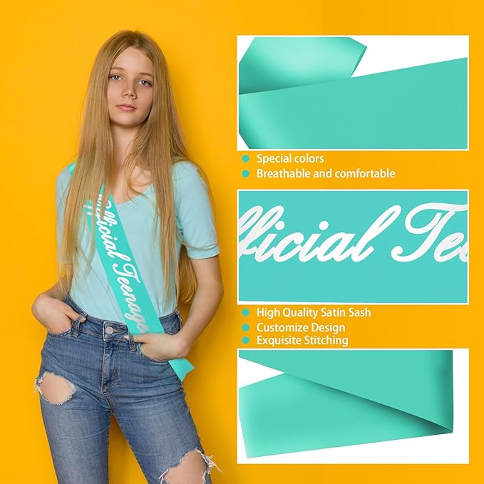 13th Birthday Sash, 'Official Teenager' Teal Silver Foil Sash for Girls' 13th Birthday Party Decorations, Ideal Girls' Gift