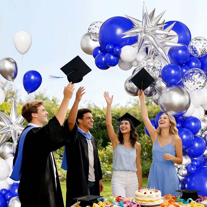 Blue White Silver Balloon Arch Kit, 130Pcs Blue and Silver Graduation Decorations with Foil Star Silver Confetti Balloons for College High School Graduation Decorations Class of 2026