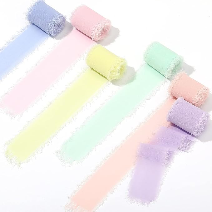 6 Rolls Handmade Fringe Chiffon Silk Ribbon 1.5" x 3 Yd Colorful Ribbon for Wedding Invitations, Bridal Bouquets, Gifts Wrapping, DIY Crafts (Macarons Color Set)