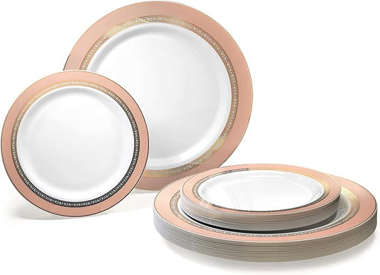 " OCCASIONS " 120 Plates Pack,(60 Guests) Heavyweight Premium Wedding Party Disposable Plastic Plates Set -60 x 10.5'' Dinner + 60 x 7.5'' Salad/Dessert (Ritz Blush and Gold)