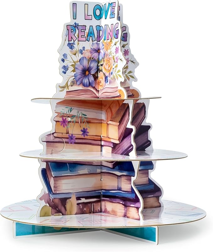 Haooryx Cupcake Dessert Display Stand - 2 Pcs 3 Tier I LOVE READING Watercolor Cupcake Dessert Table Display Tower Cardboard Cake Holder Serving Tray Baby Shower Birthday Tea Party Decoration Supplies