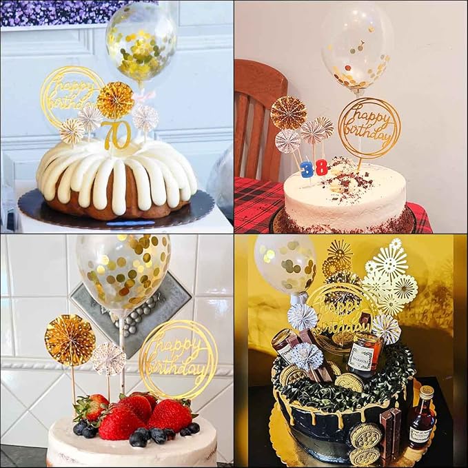 Cake Topper Decoration Set Acrylic Glitter Happy Birthday Cake Topper with Confetti Balloon Paper Fans Stars Firework Cupcake Toppers for Gold Theme Decor Girl Women Birthday Party Supplies (Gold)