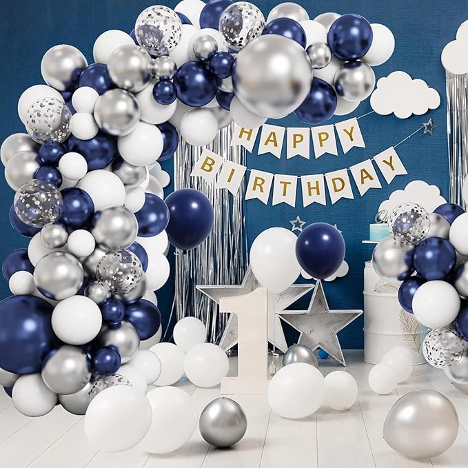 RUBFAC 65pcs Navy Blue Silver Balloons, 12 Inches Navy Blue White Metallic Silver Chrome Party Balloons with Ribbons for Birthday, Wedding, Graduation Cowboys Decorations