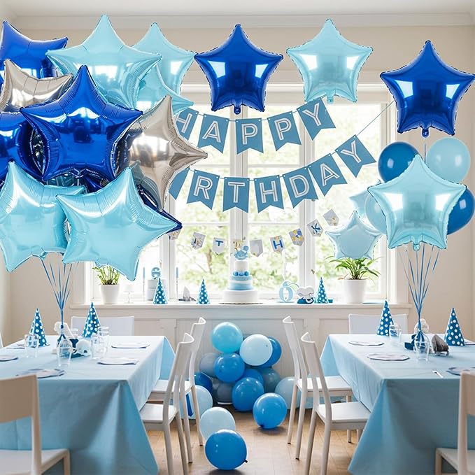TONIFUL 15Pcs 18 Inch Large Blue Silver Star Shape Foil Balloons Big Stars Helium Mylar Ballons for Birthday Wedding Baby Shower Anniversary Engagement Party Decorations Supplies