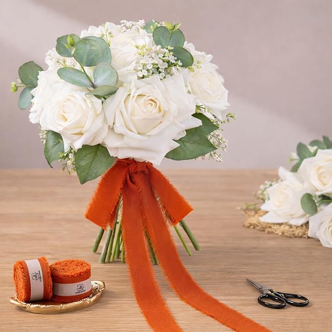 DORIS HOME Burnt Orange Chiffon Ribbon for Flower Bouquet, 1" x21Yd Fabric Ribbon for Gift Wrapping, Handmade Frayed Ribbon for Wedding Invitations/Christmas Decorations