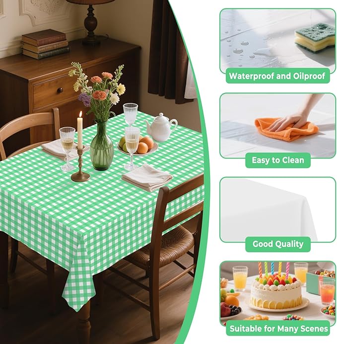 8 Pack Plastic Tablecloth 54" x 108" Disposable Table Cloths for 6 to 8 Foot Tables Rectangle Table Cover for Parties (Green Checkered, Rectangle)