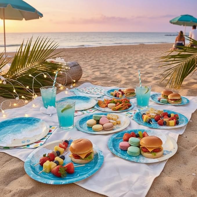 umoni Ocean Waves Plates Summer Beach Birthday Supplies 48 Piece Pool Party Disposable Paper Plates Blue Beach Waves Table Decor for Hawaiian Seaside Holiday Birthday Party Decorations