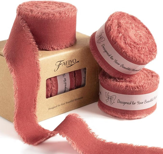 Terracotta Cotton Ribbon 1 Inch Terracotta 3 Rolls 21 Yards Frayed Edge Fabric Set for Rustic Wedding Decor, Bridal Bouquet Wrap, Boho Bridal Shower, Gift Wrapping, Fall Decor & Thanksgiving