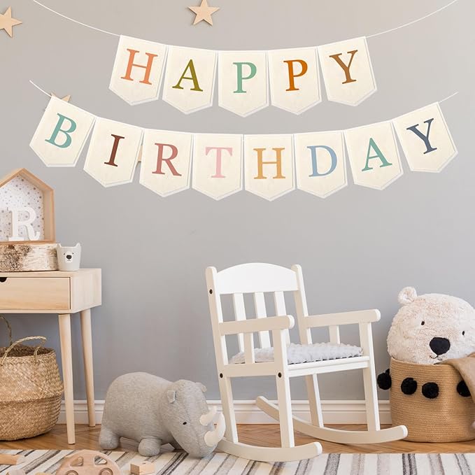 Doumeny Happy Birthday Felt Banner Boho Happy Birthday Hanging Banner Bohemian Birthday Felt Garland Flag Rainbow Birthday Bunting Garland for Party Baby Shower Home Fireplace Nursery Backdrop Decor
