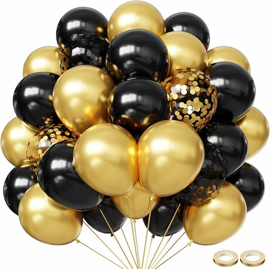 Hiquaty Black and Gold Balloons,60pcs Black Balloons,12 Inch Gold Balloons,Black and Gold Confetti Balloons with Gold Ribbon for New Year Wedding Bridal Shower Party Decorations