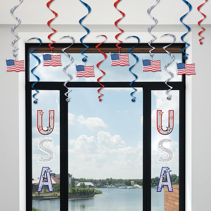 Beistle American Flag Whirls, Hanging Patriotic Stars and Stripes Decorations, Red, White & Blue Party Supplies for Fourth of July, Memorial Day