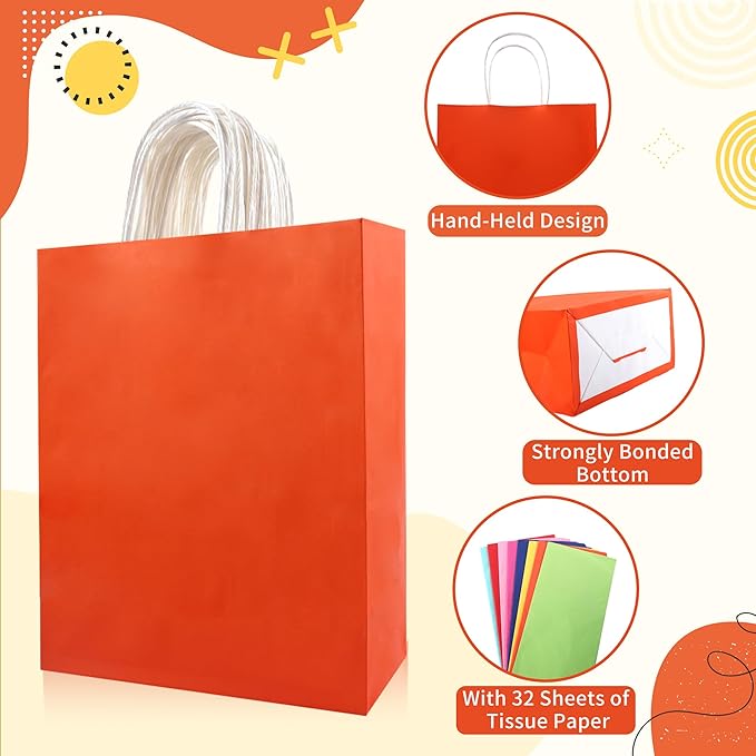 Mstar Pack 32Pcs Medium Kraft Paper Gift Bags with 8-Color Tissues, 8.26"×10.6"×4.3" Bulk Party Favor Bags with Handles - Fits Candies, Toys, Small Gifts for Kids Birthday, Baby Shower, Wedding, DIY Crafts