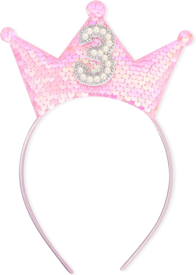 One Pc Pink 3rd Birthday Crown Headband - Pink Glitter Third Birthday Party Hair Accessories, Pearl Birthday Crown Headband