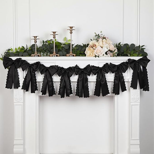 VitalCozy Black Bow Garland Decor for Coquette Party Decorations, Pre-Strung Black Satin Ribbon Birthday Party Garland Bow Banner for Valentine Bridal Shower Bachelorette Wedding Birthday Engagement