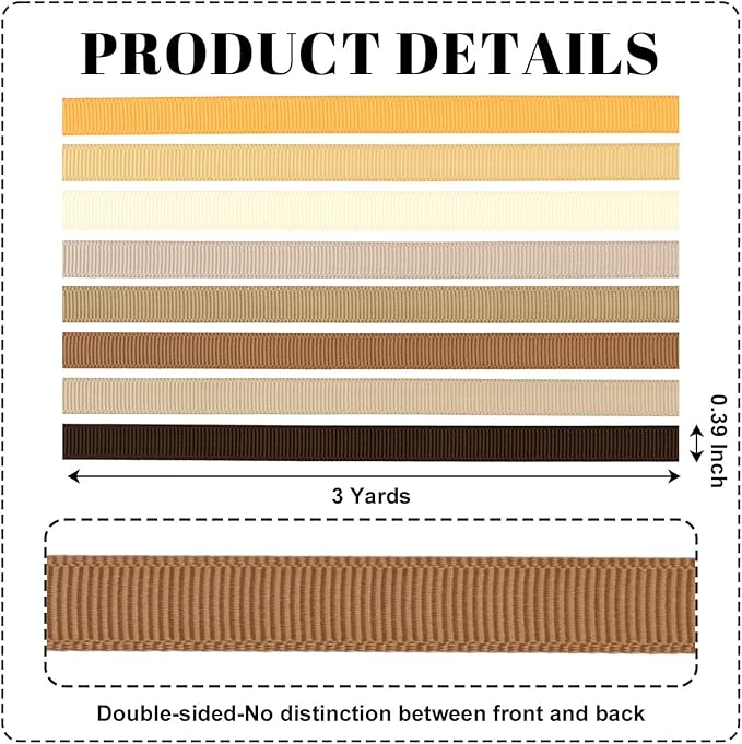 Neutral Brown 3/8 Inch Grosgrain Ribbon Set, 8 Pack x 3 Yards (24 Yards Total), Craft Ribbon for Wedding Gift Wrapping Floral Bouquets Bakery Packaging and Home Decor