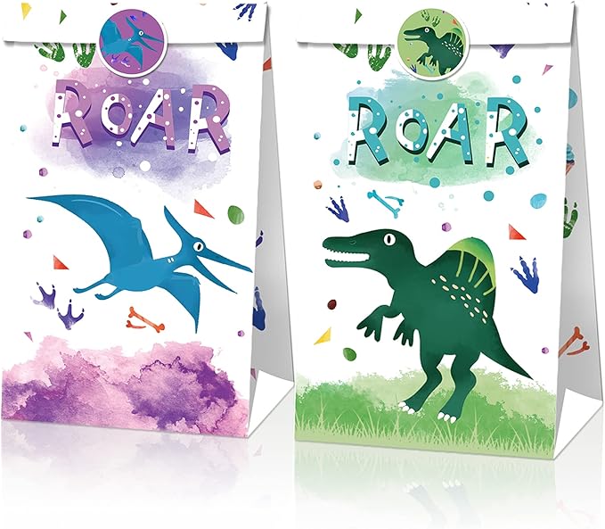 24Pcs Dinosaur Party Favor Bags with 36 Stickers, Watercolor Dino Kraft Paper Gift Bags ,Jurassic Dino Goodie Bags for Kids Birthday,Baby Shower, Dinosaur Themed Party Supplies Decorations