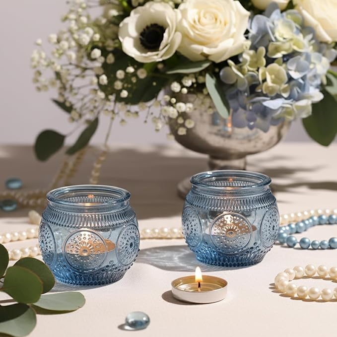 24 Pcs Blue Votive Candle Holders for Bridal Shower Decorations- Floral Style Dusty Blue Candle Holder for Wedding Table Centerpieces, Baby Shower Decor