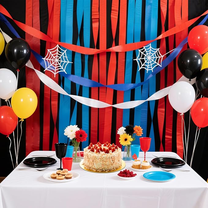 8 Rolls Red Blue Black Crepe Paper Streamers, Red Blue White Party Streamer Carnival Decoration, for Birthday Spider Circus Theme Party Decorations