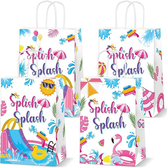 12Pcs Splish Splash Party Paper Bags Splish Splash Birthday Decorations Water Slide Kraft Gift Bags with Handles Pool Birthday Paper Candy Treat Bag for Kids Swimming Bash Hawaiian Luau Party Supplies