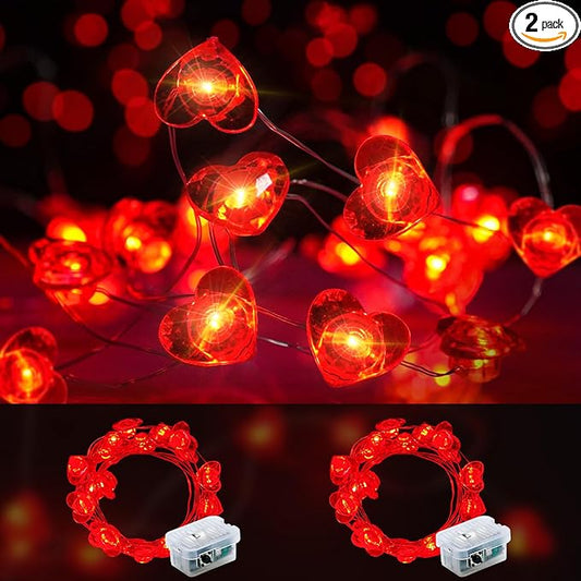 Valentine's Day Red Heart Fairy Lights 7Ft 20 LED Twinkle 3 Modes String Lights Battery Operated Waterproof Firefly Starry for Mason Jar Party Wedding Valentines Mother's Day,2 Pack