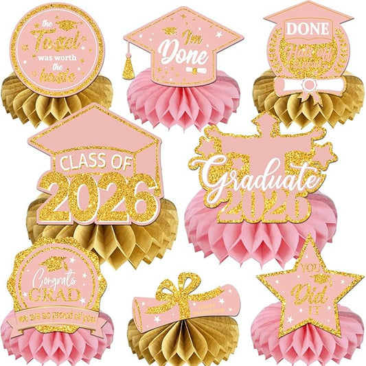 8 PCS Pink Rose Gold Graduation Party Decorations Class of 2026 Rose Gold Congrats Grad Honeycomb Centerpieces Congratulate Table Toppers for Party Supplies (Pink Gold)