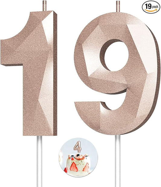 Number Birthday Candles(19 Candle Rose Gold) 3D Diamond Shape Number Happy Birthday Cake Candles for Birthday Party Wedding Decoration Reunions Theme Party