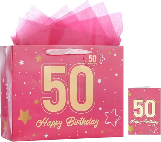 Powbrace 13" Pink 50th Birthday Gift Bag with Tissue Paper and Greeting Card for Party,Happy Birthday Gift Bag for Men Women,Gift Bags Medium size(1 Pink 50th)