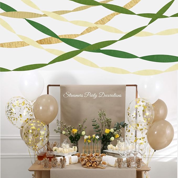 Birthday Party Decorations, Green Gold Crepe Paper Streamers Party Decorations(5 Rolls) for Camp Bachelorette, Baby Shower, Bridal Shower, Engagement- Wild Jungle Woodland Safari Forest Theme Decor