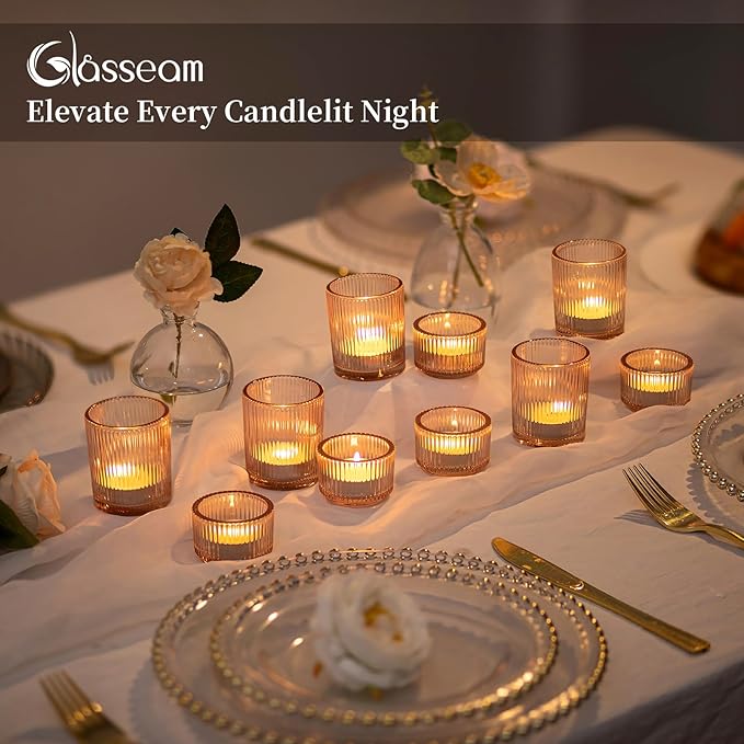 Glasseam Gold Votive Candle Holders: 24 Pcs Ribbed Glass Tealight Candle Holder Set Tea Light Holders Bulk Wedding Decorations for Reception Modern Party Decor Centerpiece