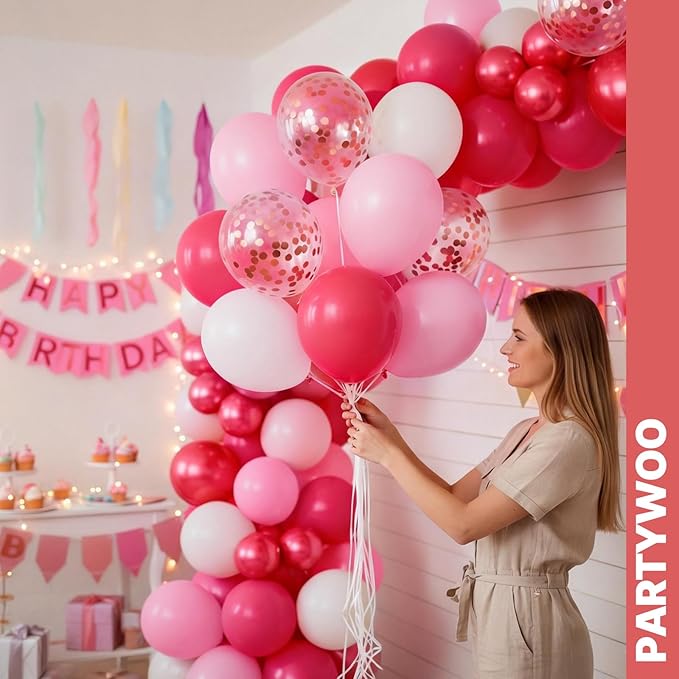 PartyWoo Pink and Red Balloons 66pcs 12 Inch Hot Baby Pink Matte Red White Gold Confetti Balloons for Valentine's Day Engagement Weedding Bachelorette Girl Princess Birthday Party Decorations