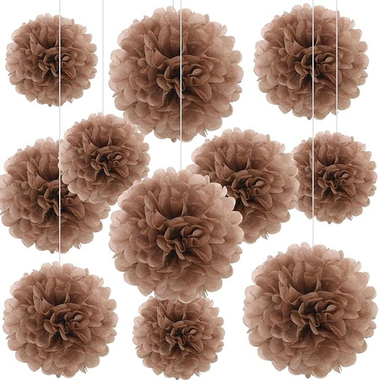 20 PCS Coffee Tissue Paper Pom Poms, Tissue Pom Poms Flowers, Sizes of 6", 10", 12", 14" Hanging Paper Flower Ball for Wedding, Birthday, Halloween, Christmas, Baby Shower Party Decor