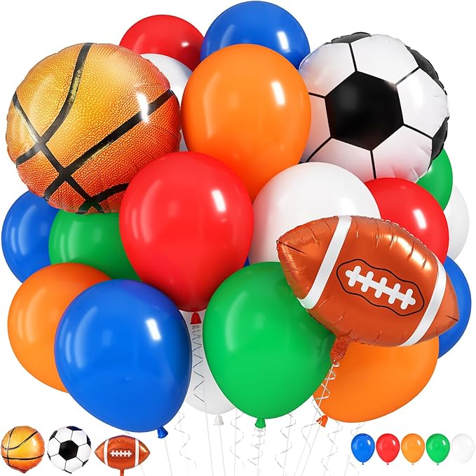 Soccer Balloons, 12 Inch Green Orange Blue Red White Latex Balloons with Soccer Ball Basketball Foil Balloon for Boys Kids Sport Theme Birthday Decorations Football Lover Men Party Baby Shower Decor