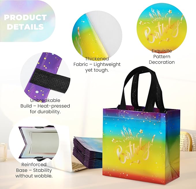 huichuan 12 Pack Rainbow Birthday Bags for Girls, 8x3.9x8 Inches Colorful Small Happy Birthday Bag with Bases for Kids, Girls, Boys Party Favors & Gift Packaging