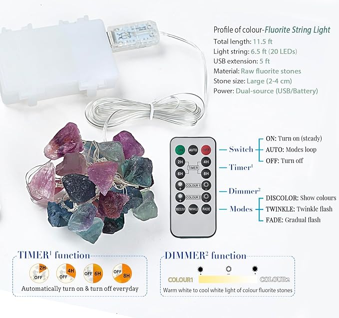 20 LED Multicolor Natural Fluorite Crystal String Lights - 6.5ft USB/Battery Operated with Remote Control & Timer for Bedroom Indoor Wedding Party Christmas Decor