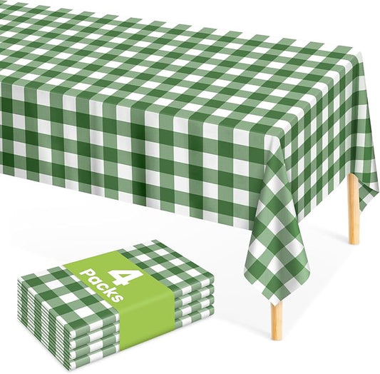 Mulbozy Sage Green Gingham Tablecloth 4 Pack, 54 x 108 Inch Plastic Table Cloth Disposable, Sage Green and White Checkered Table Cover for Party Supplies