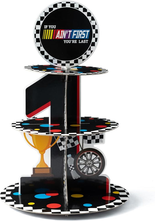 Race Car Cupcake Stand - 3 Tier If You Ain't First You're Last Party Dessert Holder for Boys Birthday Decorations Racing Car First Cardboard Cupcake Tower for Birthday Baby Shower Party Favor