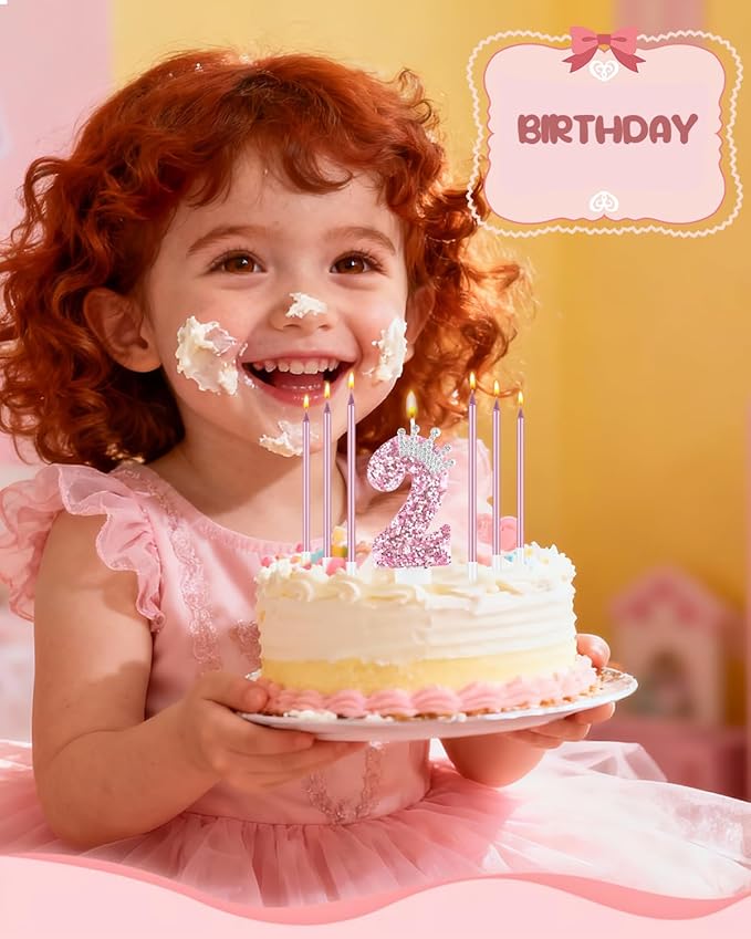 Birthday Candles for Cake, Pink Number Candles, Cake Candles with Greeting Card for Birthday Party Wedding Anniversary Celebrations (2 Candle, Silver Crown)