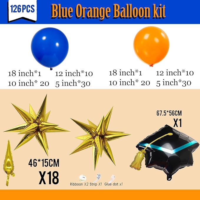 Orange and blue Graduation Balloon Garland Arch Kit with foil star crown graduation cap balloons for School students graduate class of 2026 Prom Party Decorations (Royal Blue Orange)