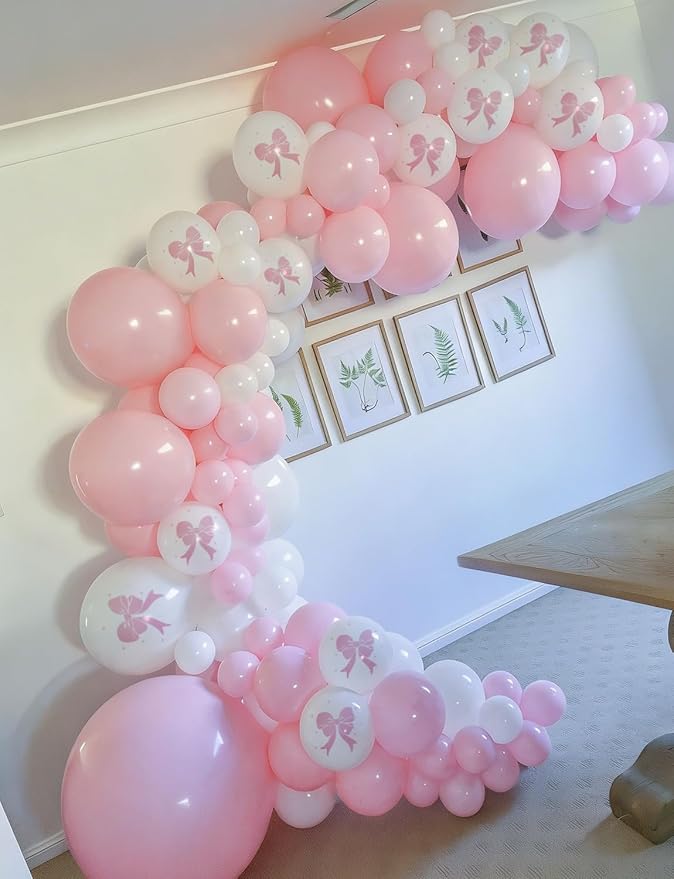 Pink Bow Balloons, 50PCS 12 Inch Pastel Pink and White Bow Print Balloons, Coquette Girly Party Decorations for Girls Birthday, Baby Shower, Bridal Shower, Bachelorette & Bow Theme Party