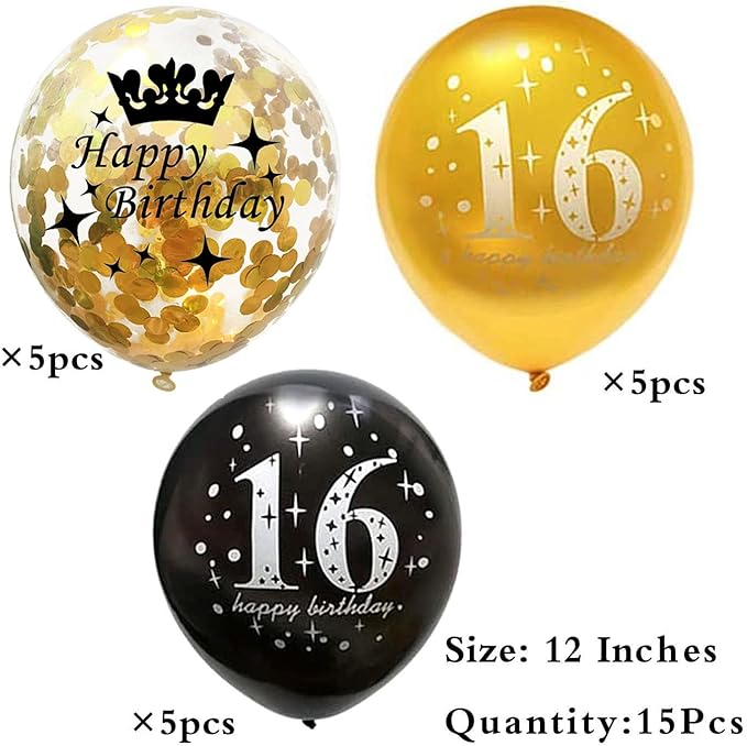 SHUNTAI 16th Birthday Decorations Black and Gold Sweet 16 Birthday Balloons Latex Gold Confetti Balloon 16 Years Old Theme Happy Birthday Party Supplies 12 Inch 15 Pack